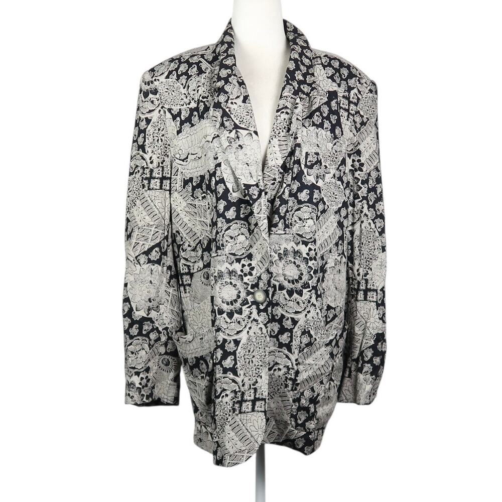 Vintage 90s JH Collectibles Black and Cream Floral Scarf Print Blazer Jacket 12